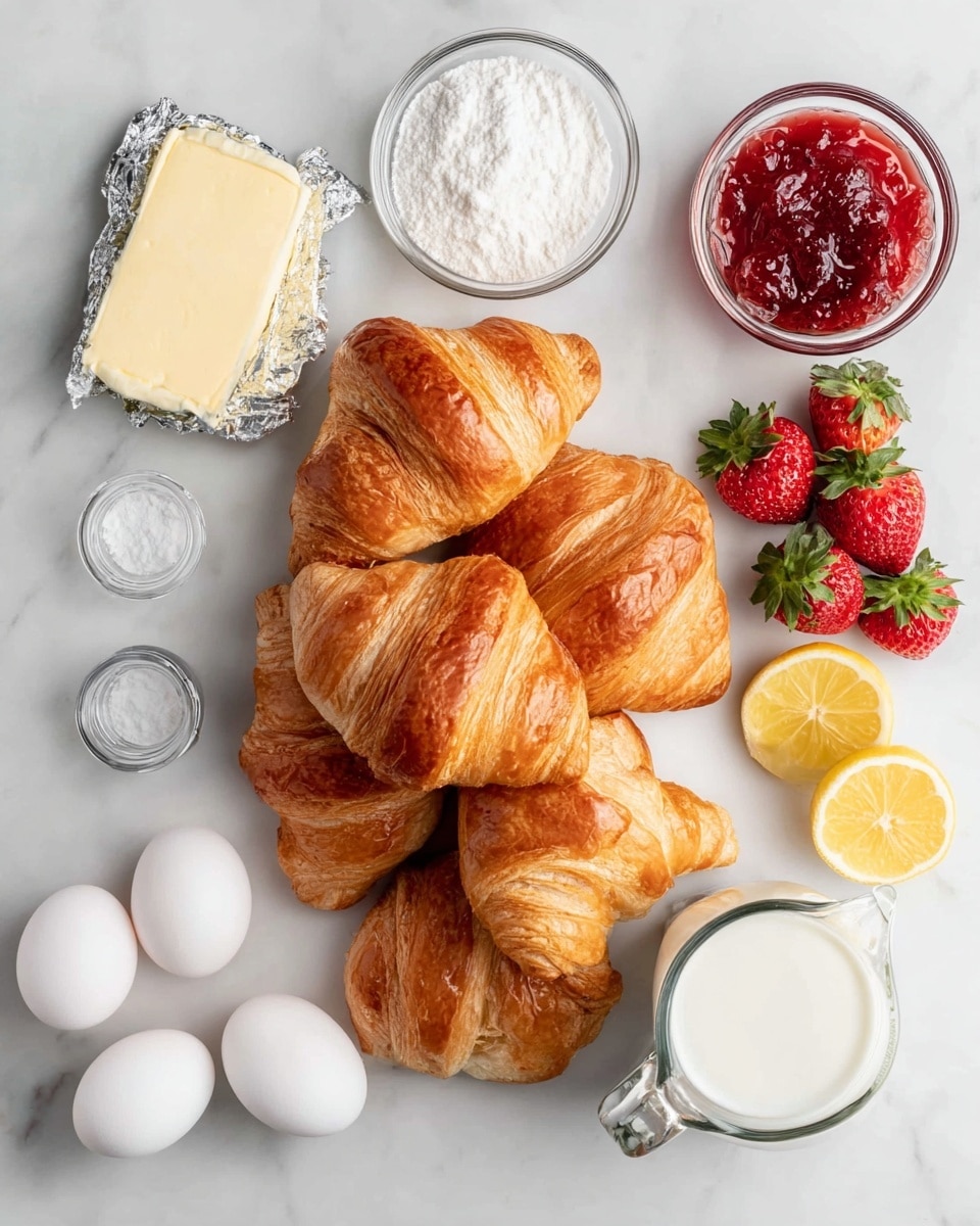 The image shows a group of seven golden brown croissants piled in the center on a white marbled surface, each croissant with a light flaky texture and shiny crust. Around the croissants, there are fresh strawberries with bright red color and green leaves positioned to the right side above a small clear bowl filled with red strawberry jam. To the upper left side, a block of cream cheese wrapped partly in silver foil sits beside a clear bowl of white sugar. Below the croissants on the left side, three white eggs are placed next to a small glass salt container, while on the right side below the croissants there’s a clear measuring pitcher filled with white milk and two lemon halves showing a bright yellow color. All the items are set neatly on the white marbled surface, lit evenly with soft shadows, photo taken with an iphone --ar 4:5 --v 7