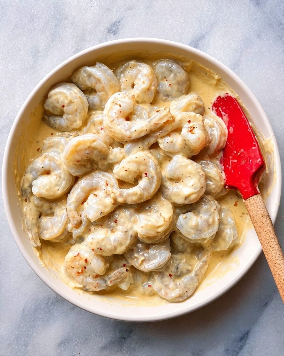 A white bowl filled with pale grey shrimp covered in a thick, creamy light yellow sauce sitting on a white marbled surface. The shrimp are layered close together, showing their curved shapes and slightly translucent texture beneath the sauce. A red spatula with a wooden handle rests on the right side of the bowl, partially immersed in the sauce. The overall look is rich and smooth, with the sauce evenly coating all shrimp pieces, giving a glossy finish. Photo taken with an iphone --ar 4:5 --v 7