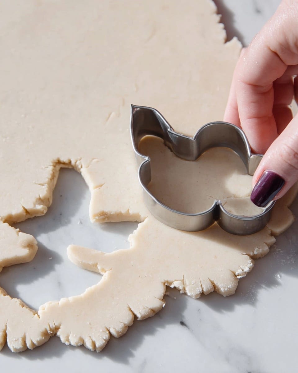 A close-up view shows a rolled-out light beige dough on a white marbled surface with a metal cookie cutter shaped like a bird being pressed into the dough by a woman's hand with dark pink nail polish. Two bird-shaped dough cutouts are visible, one still inside the cutter and one already cut out. The dough layer is thin and soft, with a slightly rough edge where it has been rolled or pressed. Photo taken with an iphone --ar 4:5 --v 7