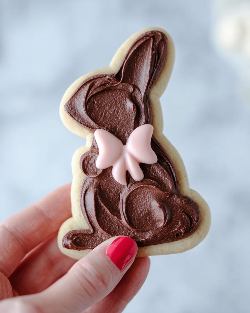 A small bunny-shaped cookie with a smooth light beige base layer is held by a woman's hand with red nail polish, showing close details of the decoration. The second layer is a thick, textured dark brown chocolate frosting that covers most parts of the bunny's shape, including the ears, head, and body, with visible swirled patterns. On top near the bunny's neck is a delicate, pale pink bow made from icing, adding a soft contrast to the dark brown layer. The background shows a soft, blurred light blue and white tone, with a white marbled surface faintly visible. photo taken with an iphone --ar 4:5 --v 7