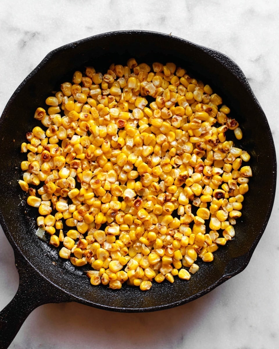 Inside a black cast iron pan placed on a white marbled surface, there is a single layer of small yellow corn kernels. The corn kernels have a shiny, slightly oily texture with some parts showing light brown char marks, giving them a roasted look. The pan's rough texture contrasts with the smooth, glossy corn. photo taken with an iphone --ar 4:5 --v 7