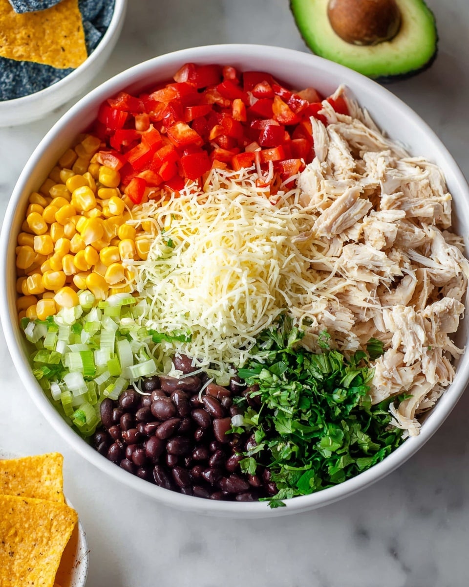 A white bowl filled with eight neatly arranged layers: at the top left are small red chopped bell peppers, next to bright yellow corn kernels, followed by shredded white chicken pieces. Below the chicken are dark black beans. At the bottom center, light green sliced scallions meet vibrant green chopped herbs. To the left of the herbs is a generous pile of finely shredded white cheese, and above the cheese are chunks of red tomatoes lightly topped with shredded cheese. The bowl sits on a white marbled surface with a partial view of an avocado half and a white bowl of blue and yellow tortilla chips in the background. Photo taken with an iphone --ar 4:5 --v 7