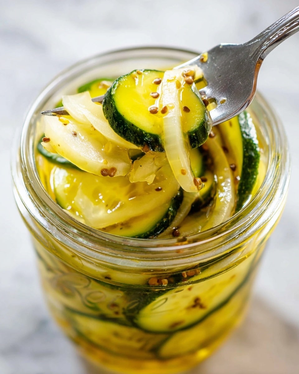 A clear glass jar filled with layers of thinly sliced cucumber and onion rings submerged in a bright yellow pickling liquid with visible mustard seeds floating inside. The cucumber slices are dark green on the edges with a softer, yellow-green inside, layered closely together, and the onion slices are pale yellow and semi-transparent, also layered inside. A silver fork is lifting some of the cucumber and onion from the jar, showing the glossy, wet texture of the pickles. The jar sits on a white marbled surface, and the lighting is bright and natural, highlighting the fresh and vibrant colors. photo taken with an iphone --ar 4:5 --v 7