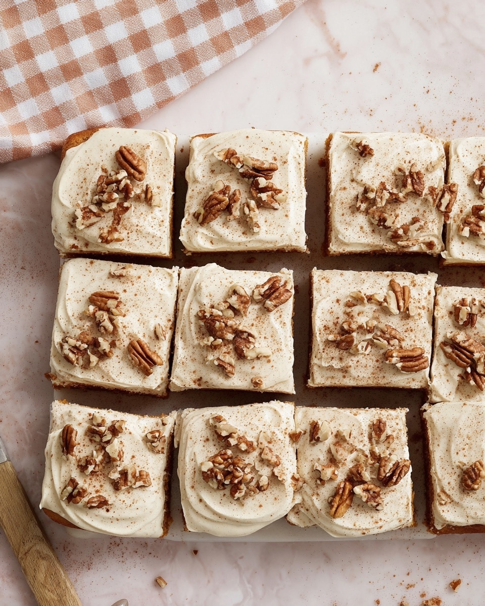 A rectangular cake cut into twelve square pieces sits on a white marbled surface with a checkered cloth in the top left corner. Each piece has one thick layer of light brown cake topped with a creamy white frosting layer that has a smooth texture and slight swirls. On top of the frosting, there are chopped pecans scattered evenly and a light dusting of brown cinnamon powder, adding texture and warmth to the look. Photo taken with an iphone --ar 4:5 --v 7