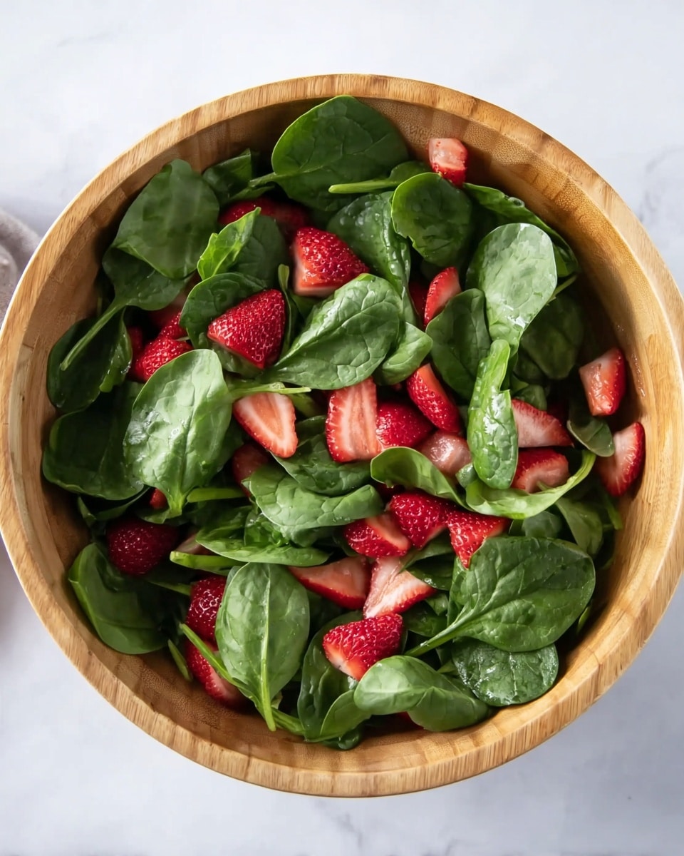 A round light wood bowl sits on a white marbled surface, filled with a fresh green spinach salad layer. Mixed in the spinach are bright red strawberry pieces, sliced into halves and quarters, scattered evenly across the leafy greens, adding a pop of color and fresh texture throughout. The spinach leaves are fresh, smooth, and vary in size, creating a textured background for the strawberries. photo taken with an iphone --ar 4:5 --v 7