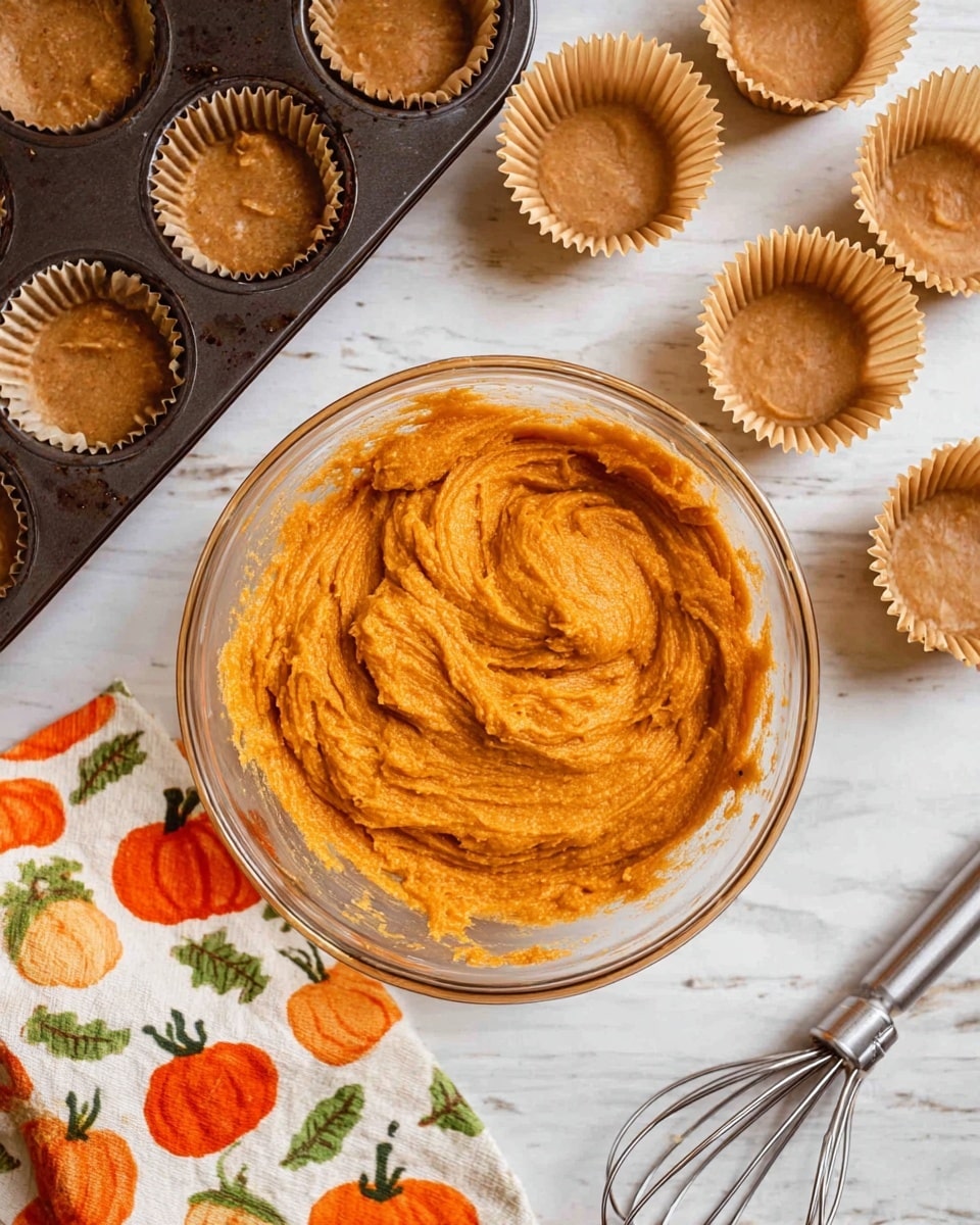 A clear glass bowl in the center holds creamy, thick orange batter with smooth swirled texture on a white marbled surface. To the left, a dark muffin tray lined with light brown paper cupcake liners is partially visible, and more empty paper liners are scattered on the right side. At the bottom left, a cloth with a pattern of orange pumpkins and green leaves adds a cozy touch. Two silver metal beaters with some batter remain rest on the surface to the right. photo taken with an iphone --ar 4:5 --v 7