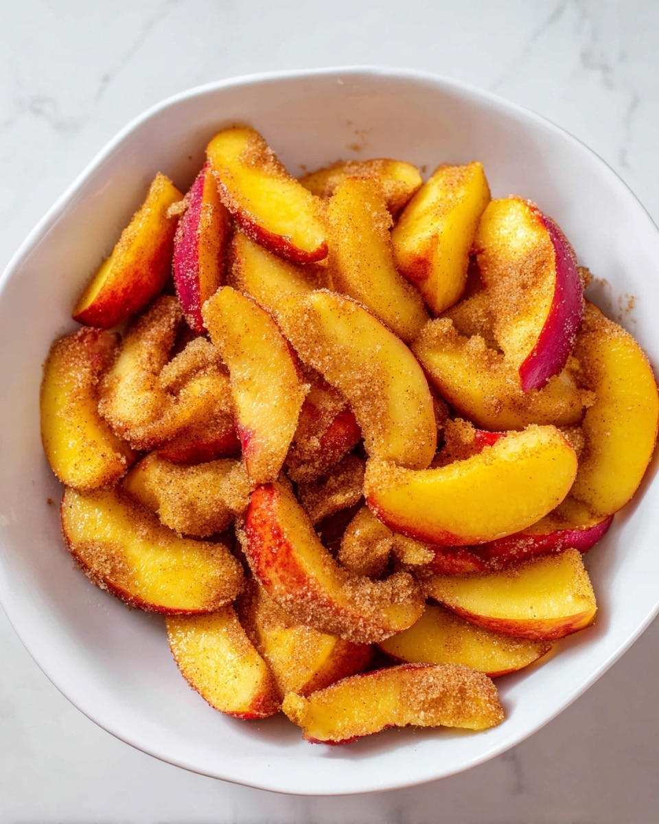 The image shows a white bowl filled with many slices of yellow and orange peaches, each with a touch of red skin on the edges. The peach slices are coated with a layer of brown sugar and cinnamon, giving a grainy texture on top and inside the fruit pieces. The bowl is placed on a white marbled surface, which makes the warm colors of the fruit and sugar stand out clearly. photo taken with an iphone --ar 4:5 --v 7