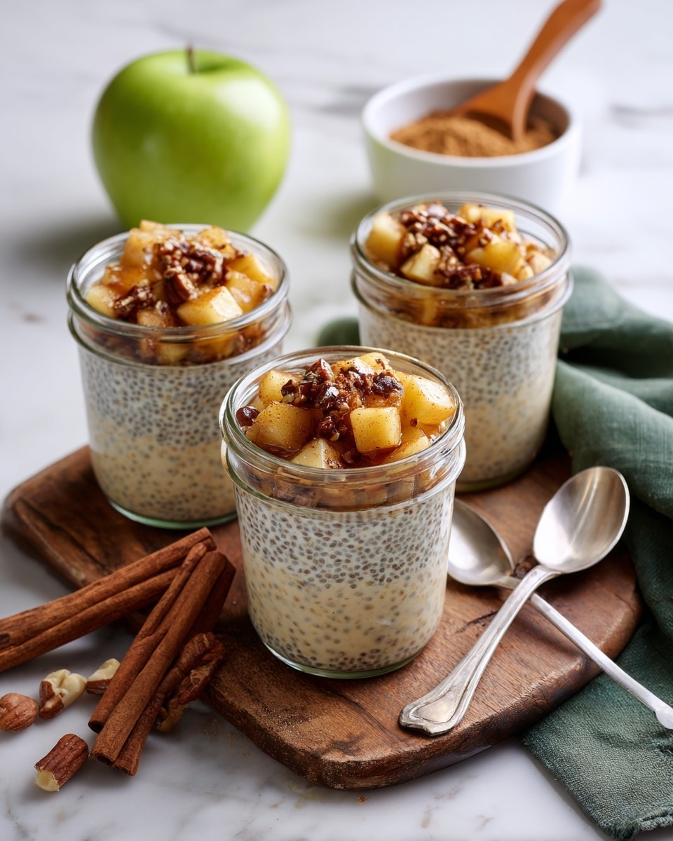Three clear glass jars are placed vertically on a dark wooden board with a soft green cloth beside them. Each jar holds a dessert with two layers: a creamy white base on the bottom and a thick top layer made of golden brown diced cooked apples coated in a shiny sauce. Near the top right of the board is a small white plate filled with chopped nuts in beige and reddish brown colors. On the top left corner, there is a small white bowl containing cinnamon sticks. Around the edges of the board, three green apples are resting on a white marbled surface. A dark wooden spoon lies diagonally on the green cloth. photo taken with an iphone --ar 4:5 --v 7