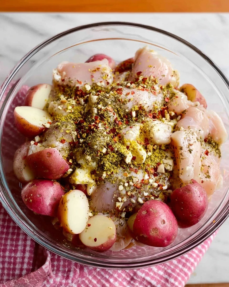 A clear glass bowl filled with several layers—at the bottom are raw pale pink chicken pieces, on top of them are halved small red potatoes with a smooth skin, scattered across the bowl are small bits of minced garlic and a generous amount of mixed spices including green dried herbs, red chili flakes, black pepper, white salt, and yellow lemon zest. The bowl sits on a white marbled surface with a pink and white checkered cloth partially visible underneath. The mixture looks ready to be mixed or cooked, showing a rough, textured, and colorful appearance. photo taken with an iphone --ar 4:5 --v 7
