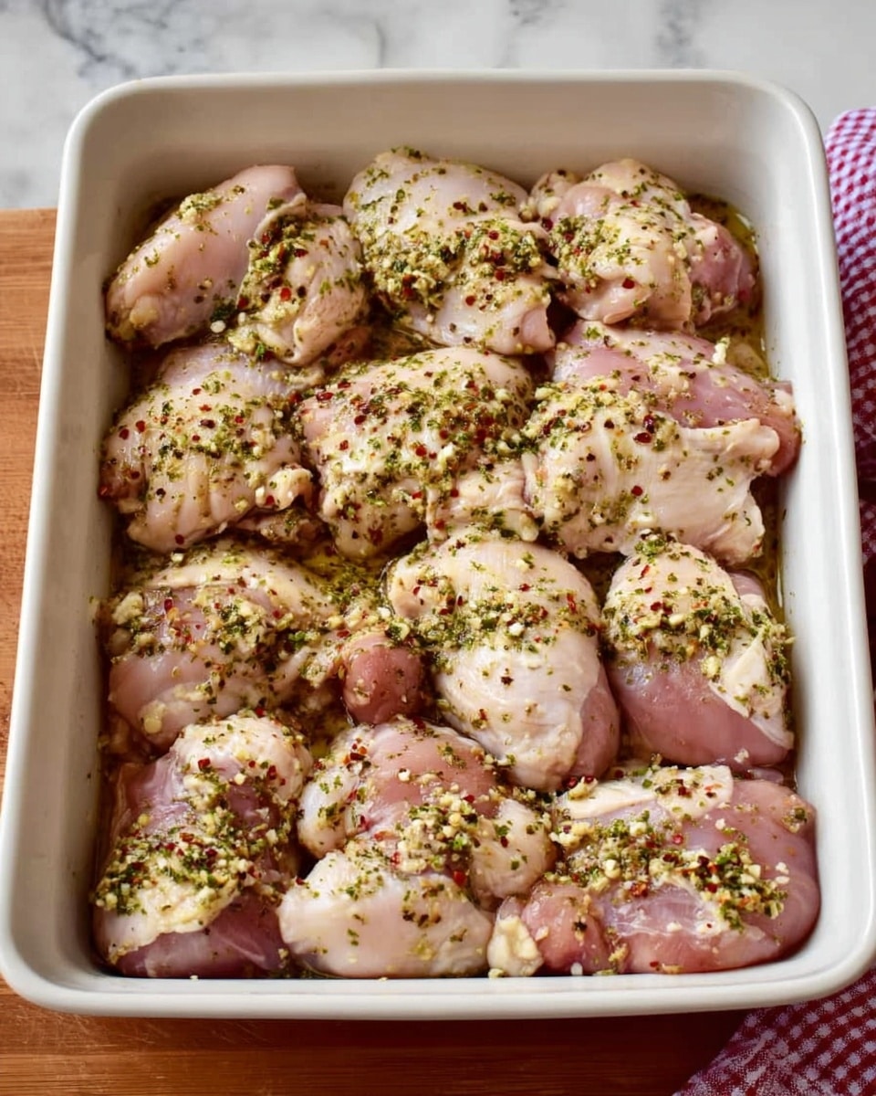 A white rectangular baking dish filled with multiple layers of raw chicken pieces, each piece showing light pink skin and white fat. The chicken is covered evenly with a sprinkle of green herbs and small bits of minced garlic, creating a textured look with some red pepper flakes adding a touch of color. The chicken pieces are packed tightly, almost touching the edges of the dish, and the background shows a white marbled surface with a glimpse of a red and white checkered cloth at the top right corner. Photo taken with an iphone --ar 4:5 --v 7