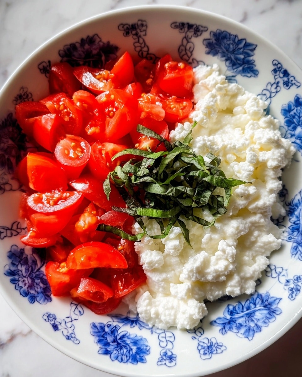 This image shows a white bowl with a blue floral pattern on a white marbled surface, filled with two main parts. On the left side, there are bright red tomato wedges, cut into small pieces with a shiny texture. In the middle, a small pile of thinly sliced dark green basil leaves is placed over some tomatoes. On the right side, a creamy white cottage cheese with small lumpy texture fills the remaining space in the bowl. The colors of the ingredients contrast sharply with the blue and white pattern of the bowl. photo taken with an iphone --ar 4:5 --v 7