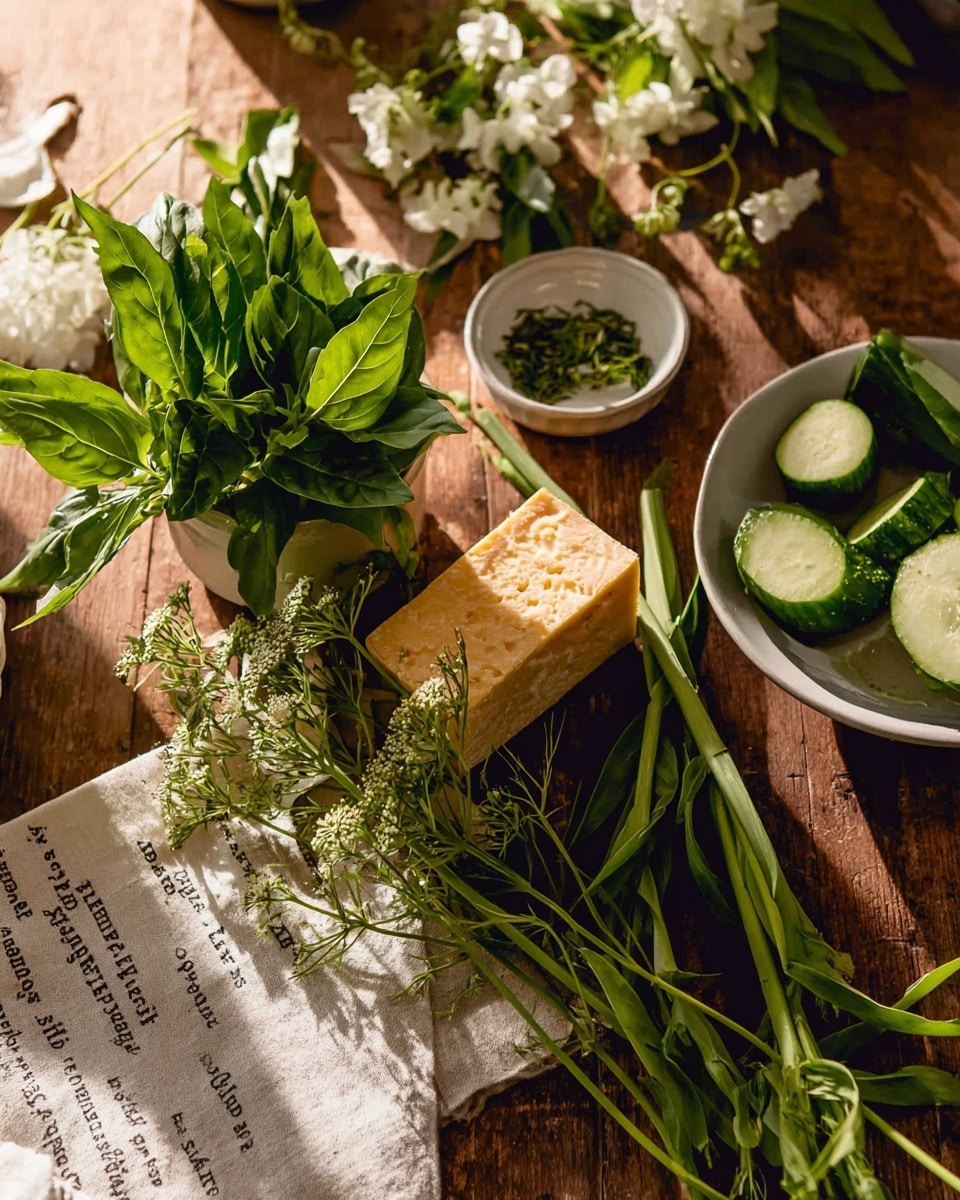 The image shows a wooden table with different fresh green leaves and herbs arranged around a block of light yellow cheese with a slightly darker top. On the left, a white bowl is filled with bright green basil leaves, while smaller green leaves and sprinkled herbs sit in a small dish behind it. To the right, a white bowl holds round slices of cucumber next to white flowers on stems, with long leafy green sprigs laid out near the front. A beige cloth with printed text is placed on the bottom left corner on the wooden surface. The scene is bright and natural with a focus on fresh ingredients. Photo taken with an iphone --ar 4:5 --v 7